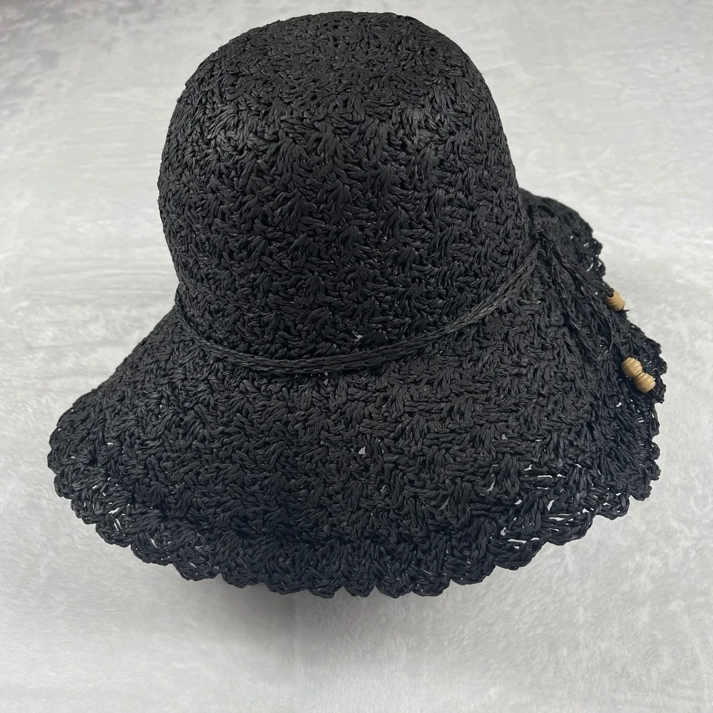 Womens Black Woven Straw Floppy Sun Hat Scalloped Brim Wooden Beads Beach Summer